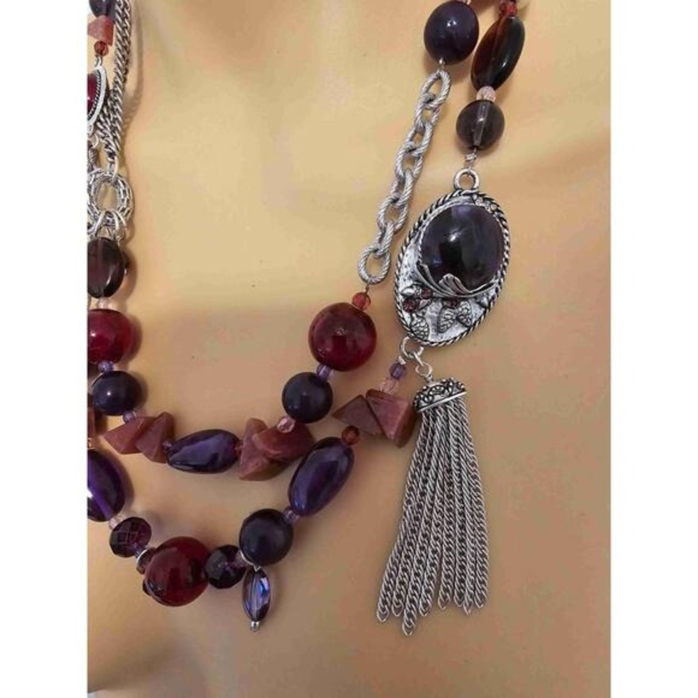 Coldwater Creek Red Purple Silver Beaded Multi Strand Necklace - Picture 2 of 14